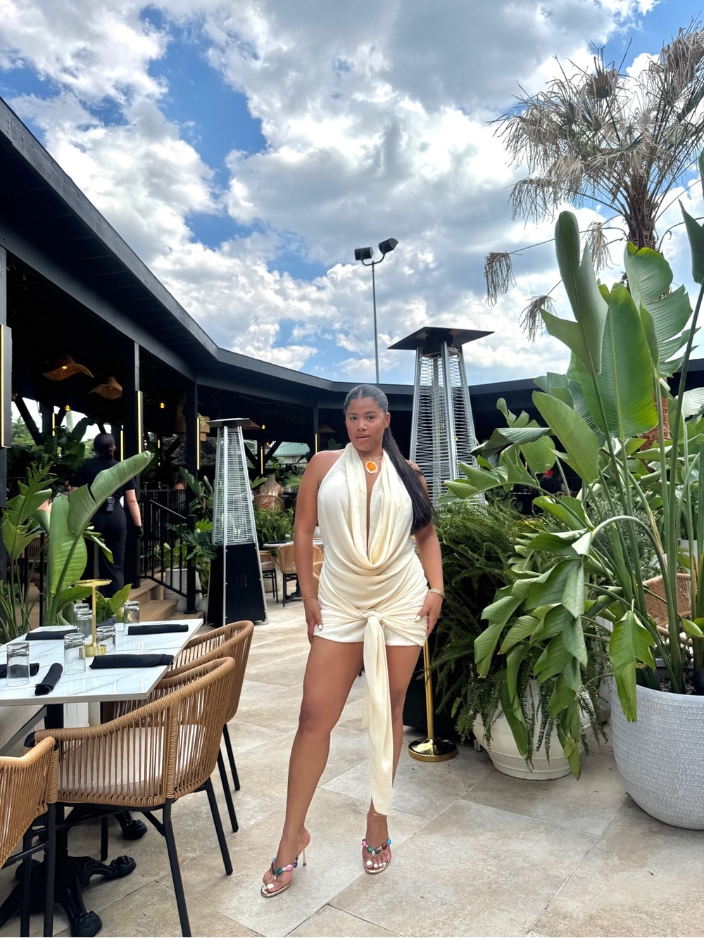 PrettyLittleThing Cream Halter Draped Mini Dress